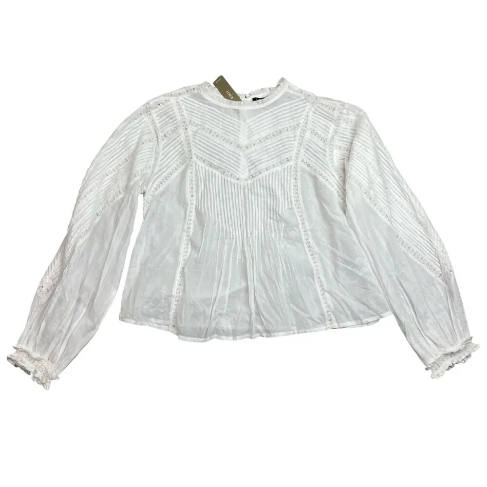Madewell Pintuck Lace Blouse White Long Sleeve Equestrian Preppy‎ Top Womens M